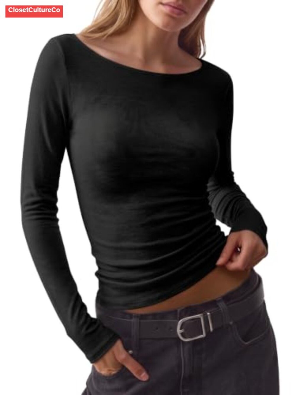 Wool Blend Boat Neck Long Sleeve Knit Top Slim Fit Fall Layer